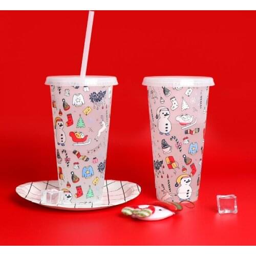 710ml Christmas Straw Cup Reusable Cold Color Changing Plastic Tumbler with Lid Straw Cold Cups Coffee Mug Christmas Gifts Mugs