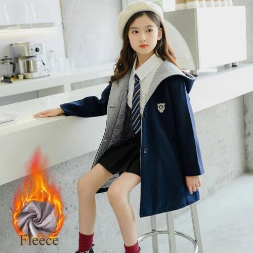 Girls Woolen Coat 2020 Autumn Winter Kids Outerwear Thicken Warm College Style Loose Overcoat Teen Childrens Jacket Girl Clothes