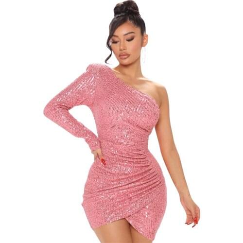 Sexy One Shoulder Sequined Sparkly Dresses for Women 2021 Christmas Club Wear Long Sleeve Ruched Night Party Bodycon Mini Dress