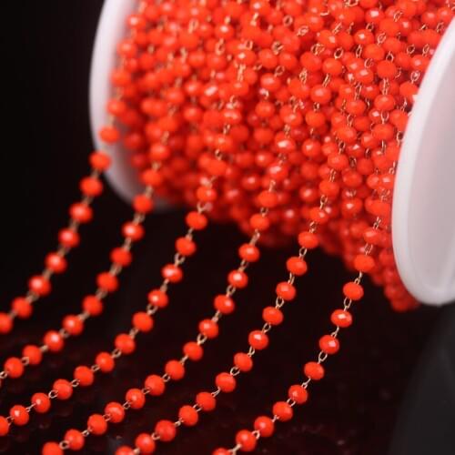 Orange Red 2x3mm Glass Faceted Rondelle Rosary Chain,Tiny Glass Beaded Link Brass Wire Wrapped Chain,DIY Necklace Bracelets