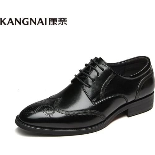 KANGNAI Men Shoes Genuine Leather Pointed Toe Formal Business Suit Shoes Lace-Up Elegant Dress Shoes Black Brogue Shoes for Man