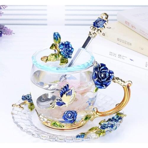 High quality Crystal Enamel Glass Cup Blue Rose Coffee Cup Mug Flower Tea Glass Alloy Handgrip Cups Drinkware wedding gift