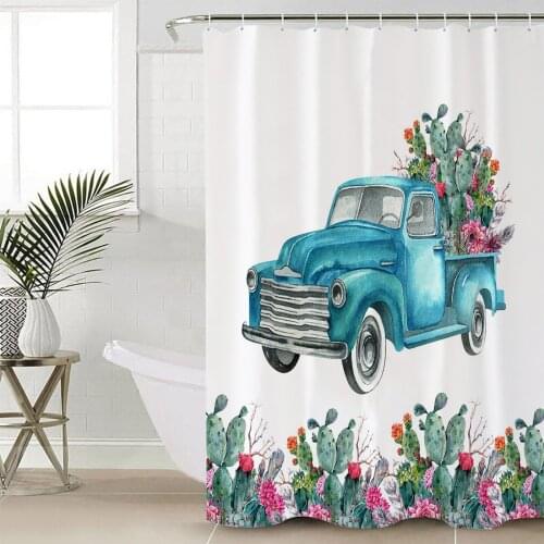 Tropical Plants Cactus Truck Shower Curtain Bathroom Decorative Waterproof Polyester Fabric Curtain for Bathroom