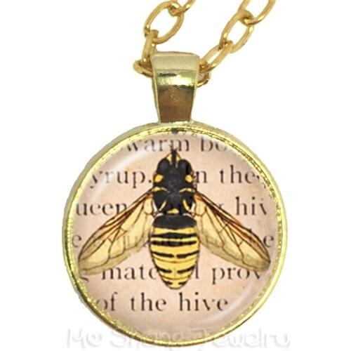 Yellow Queen Honeybee Necklace Bee Jewelry Entomology Insect Charm Glass Cabochon Photo Sweater chain Gift For Friends