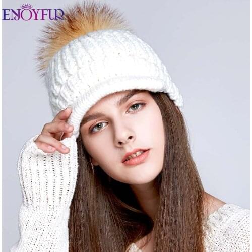 ENJOYFUR Handmade Warm Women Winter Hats Fashion Real Racoon Fur Pompom Hat With Brim Girls Thick beanies