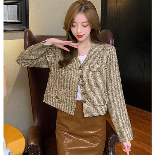 New 2021 Small Fragrance Women Fashion Tweed Outerwear Autumn Winter Korean Woolen Blends Female Elegant Long Sleeve Jacket Coat