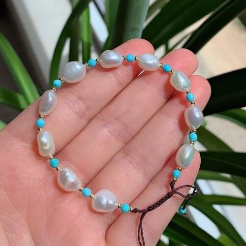 Natural Freshwater Pearl Bracelets for Women Small Blue Turquoises Stone Real Baroque Pearl Adjutable Bracelets Healing Jewelry