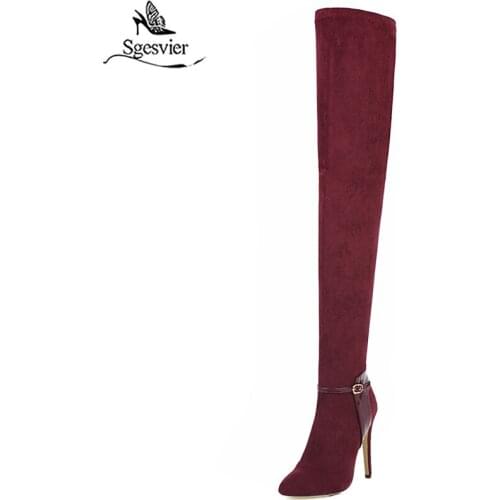 Sgesvier Flock Buckle Over The Knee Boots Thin Heel Black Party Rubber High Heel Boots Women Pointed Toe Sexy Heels Elegant G780