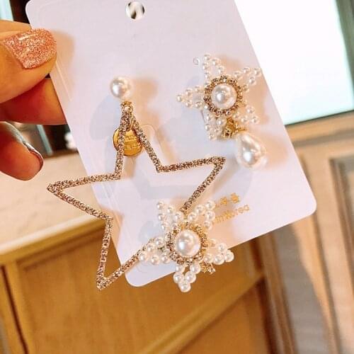 MENGJIQIAO Korean Shiny Rhinestone Hollow Star Drop Earrings For Women Luxury Elegant Pearl Asymmetric Oorbellen Party Jewelry