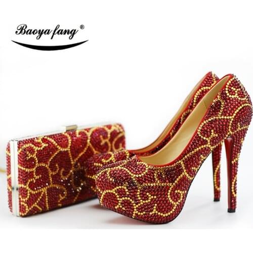 BaoYaFang Red crystal womens Wedding shoes with matching bags Bride High heels platform shoes and purse sets Woman High shoes