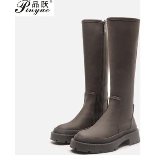 WWomen Long Boots Zipper Elastic Fur Winter Warm Knee-High Thigh Round Toe Chelsea Boot Female Fashion Casual Plush Shoes
