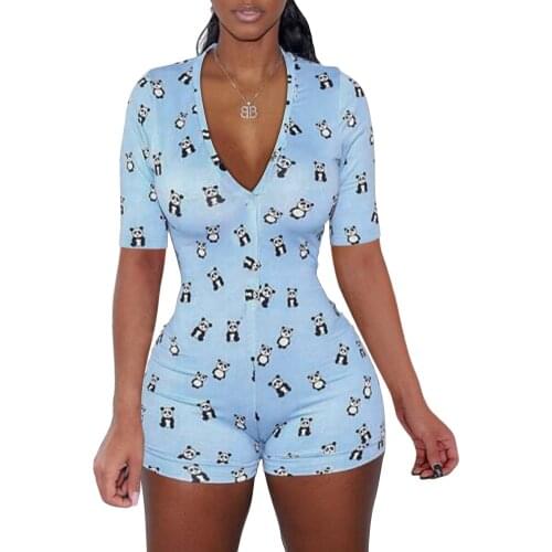 Women Sexy Cartoon Print V Neck Short Sleeve Fit Tight Short Jumpsuit Femme Playsuit Summer Overalls Sleepwear Homewear Bodysuit