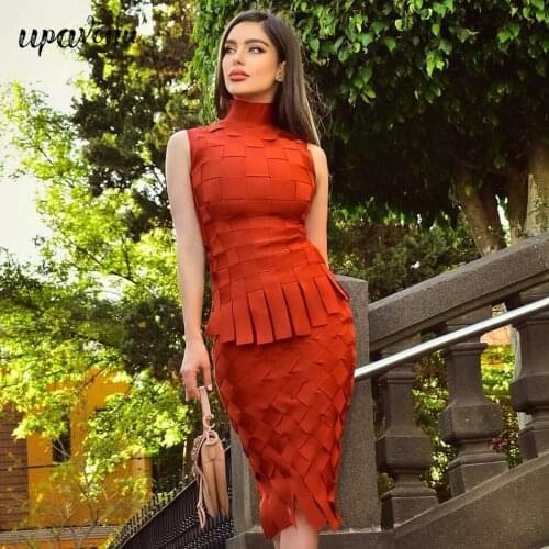 Free Shipping 2020 New Fashion Mesh Weave Design Set Ladies Turtleneck Celebrity Party Club Bandage Top & Skirt Two-piece Set