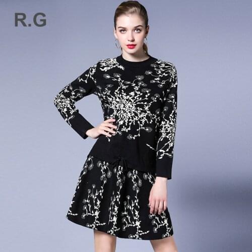 RG Autumn Winter Kintting Floral Sweater Skirt Suit Women Formal Office Work Wear Long Sleeve Wool Sweater 2 Pieces Set Female
