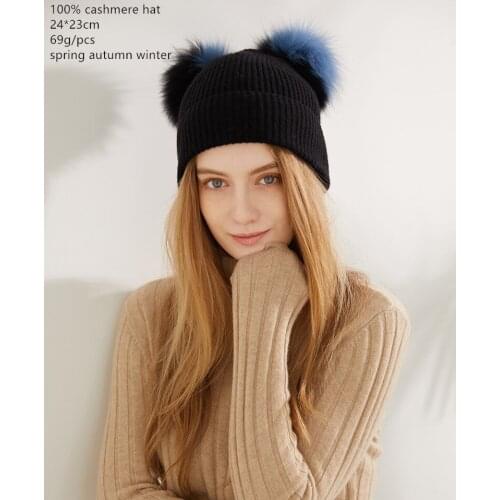 Naizaiga 100% cashmere black women lovely fox fur ball knitting ladies women hat , SN405