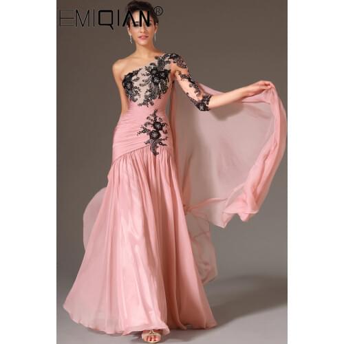Black Lace Applique Long Formal Evening Party Gowns,One Shoulder Evening Gowns,Pink Chiffon Mermaid Evening Dresses