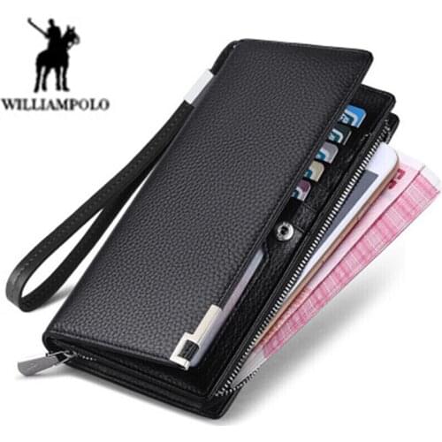 Williampolo long Genuine leather wallet mens fashion business clutch Designer metal corner mobile phone bag 19 card men wallets