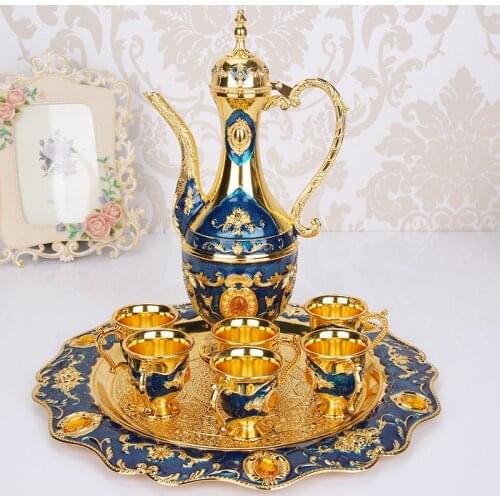 European retro wine pot Russian colored tin wine with wine glass alloy six cup set home hotel bar decoration