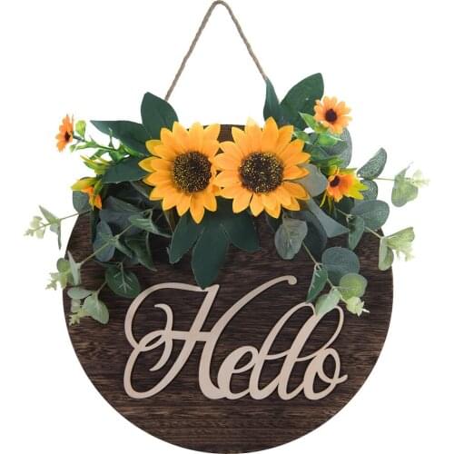 Simulation Sunflower Small Daisy Rose Flower Door Hanging Wreath Welcome Farmhouse Tag Wooden Sign Pendant Home Decoration