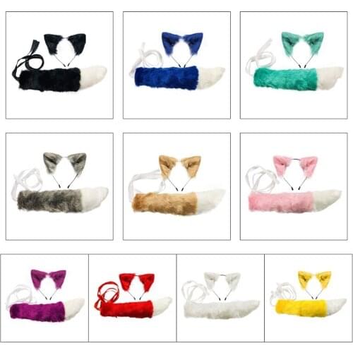 Faux Fur Kitten Wolf Ears Headband Long Tail Set Candy Color Anime Dress Up Animal Cosplay Costume Halloween Party Props