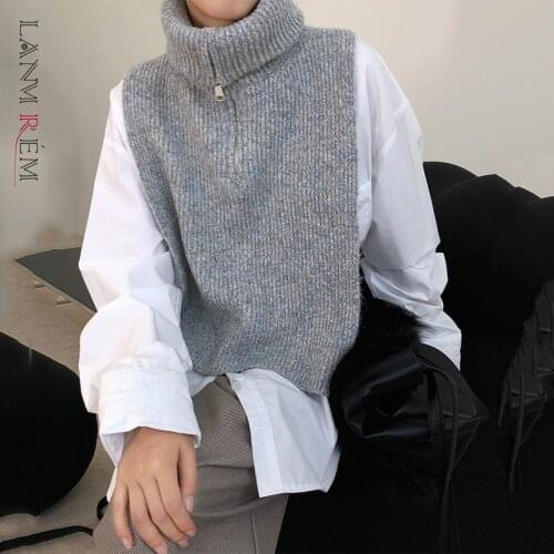 LANMREM 2021 Autumn New Gray Elegant Fashionable Turtleneck Warm All-match Short Mixed Color Zipper Pullover Vest 2A1224