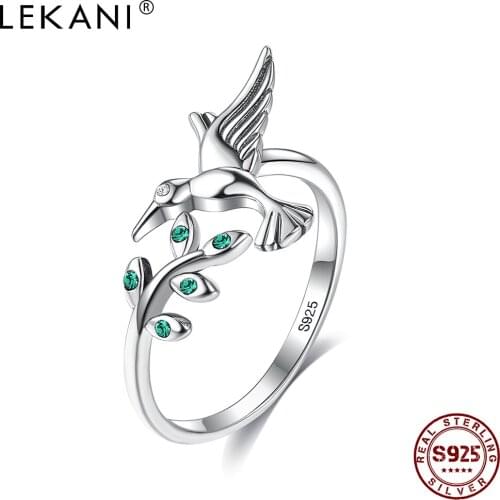 LEKANI Authentic 925 Sterling Silver Bird & Spring Tree Leaves Open Adjustable Rings For Women Engagement Fine Jewelry Hot Sale