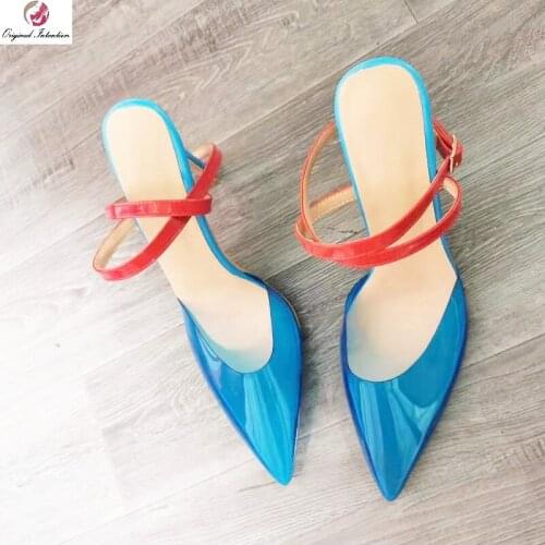 Fashion PVC Blue Women Sandals Ankle Buckle Strap High Heels Sexy Transparent Pumps Thin Heel Pointed Toe Shoes Ladies Stiletto