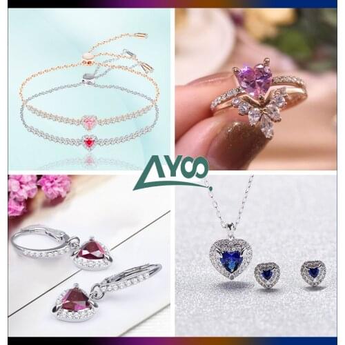 Fashion Jewelry SWA High Quality Sweet Romantic Pink Heart Crystal Rose Gold Lady Bracelet Necklace Earring Set Love For Women
