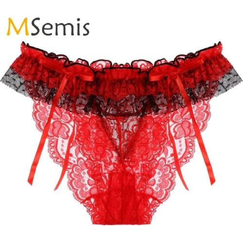 Mens Bowknot Ruffles Underpants Lingerie Sexy Sissy Underwear See-through Floral Lace Low Waist Briefs Lingerie Honeymoon Gift
