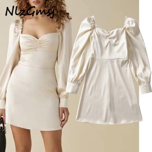 Nlzgmsj Za Dress Women Spring Vestidos Retro Center Ruched Summer Dresses Slim Long Sleeve Satin Dress Vintage Mini Dress