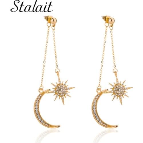 New Vintage Moon Star Drop Earrings Jewelry Gold Color Rhinestones Crescent Star Earrings for Women