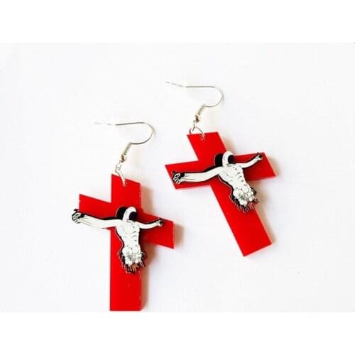 Exaggerated Big Red Cross Jesus Acrylic Earrings Horrible Big Cool Punk Dangle Earrings for Women Men Night Club Party Jewelry
