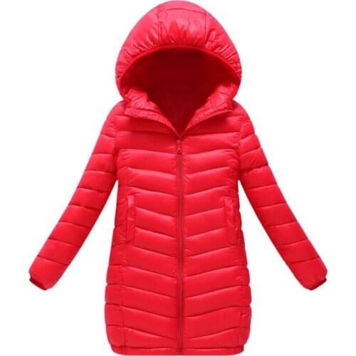 Autumn & Winter Girls Cotton Coats Cotton Jackets Long With Hooded Light and Warm Solid Color Fashion Kids Coats Size 110-150