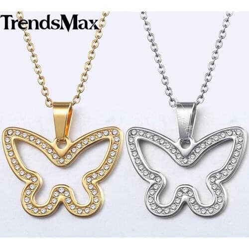 Trendsmax Women Pendant Necklaces Jewelry 2018 Gold CZ Butterfly Pendant Stainless Steel Necklace For Women Gifts KKNM171