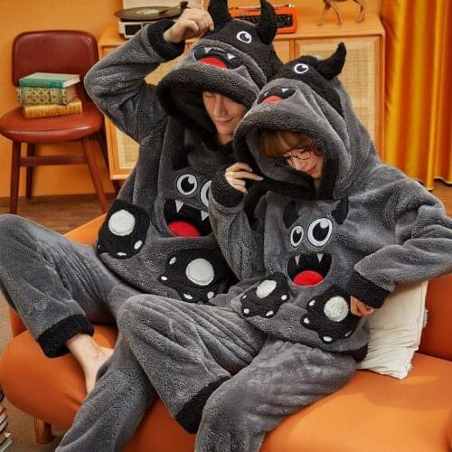 Couple Pajamas Facecloth Winter Thick Cartoon Cute Coral Velvet Hooded Loungewear Spring and Autumn Suit Sleepwear Pajamas Sets