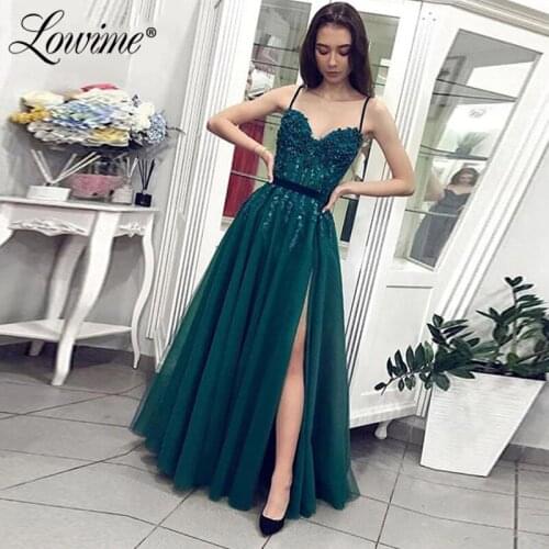 Green Beading Dresses Women Night Party Evening Dress With Spaghetti Straps A Line Prom Dresses Tulle Applique Party Gowns 2020