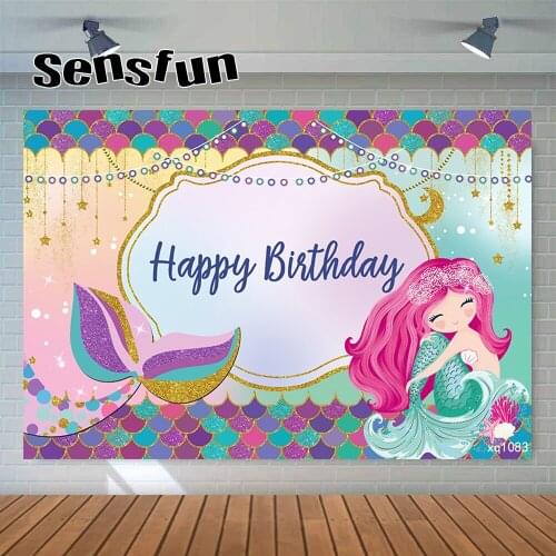 Sensfun Little Mermaid Girls Birthday Party Backdrop Colorful Fish Scales Under The Sea Photography Background Custom Photocall