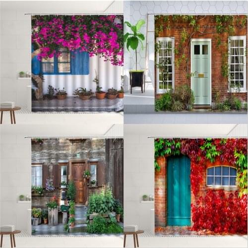 Retro Town Plant Flower Scenery Shower Curtain Vintage Wooden Door Window Green Leaf landscape Bathroom Curtains Polyester Cloth