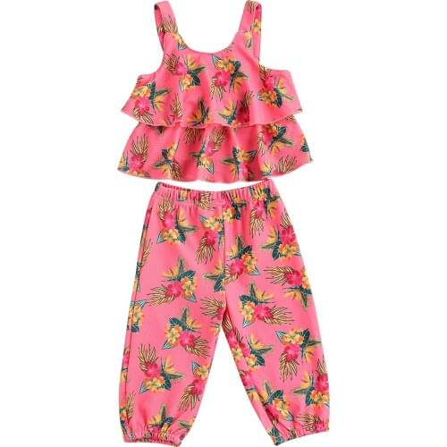 FOCUSNORM 1-6Y Summer Lovely Kids Girls Clothes Sets 2pcs Flowers Printed Strapless Sleeveless Ruffles Vest Tops Pants