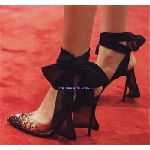 PVC Rhinestone Thin Heeled Pumps Pointy Toe Lace Up Ankle Straps Cross Tied Bandage Ladies Pumps Designer High Heel Shoes Mujer