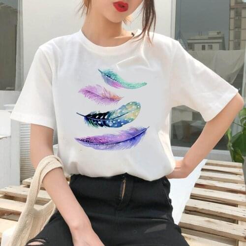Dreamcatcher casual O-neck top shirt Womens T-shirt Feather Harajuku printed T-shirt fashion casual white T-shirt