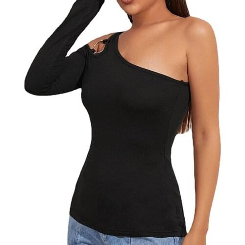 Women Summer T-Shirts Sexy Asymmetric Cutout Neck T-shirt Long Sleeve Top Sleeveless Slim Ladies Fashion Clothing