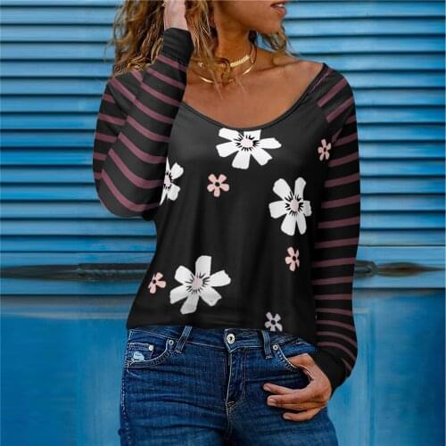 40# Vintage Striped Floral Print Blouse Women V Neck Loose Long Sleeve Shirt Top Oversize Vintage Loose Blouses Shirts Рубашка