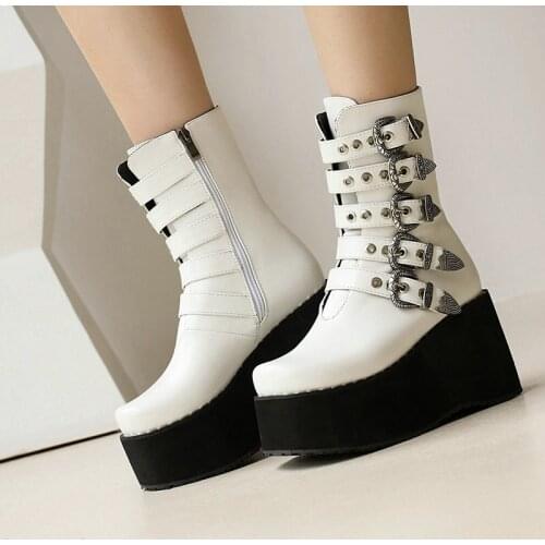 Female Plus Size Knight Boots Spring Autumn Fashion Slope Heel Platform Mid Calf Boots Winter Belt Buckle Womens Shoes 35-48