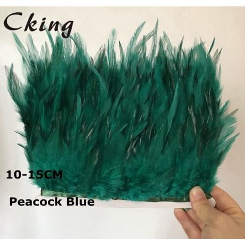 10Meters Peacock Blue Dyed chicken Feather Trims 10-15cm 4-6" width saddle feather fringe strip for costumes