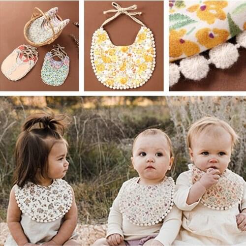 Ins 2 Pcs Set Double Side Cotton Hemp High Quality Floral Infant Toddler Saliva Towel Feeding Bibs Hair Accessories Set