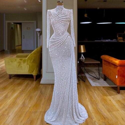 Sparkle Muslim Evening Dresses Mermaid High Collar Long Sleeves Sequins Dubai Saudi Arabia Long Prom Dress Gown Robe De Soiree