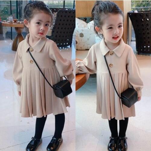 Childrens Sweet Dress Autumn Spring Girls Fashion Long-sleeved Pleated Dresses Kids 2-8 Y Princess Clothes