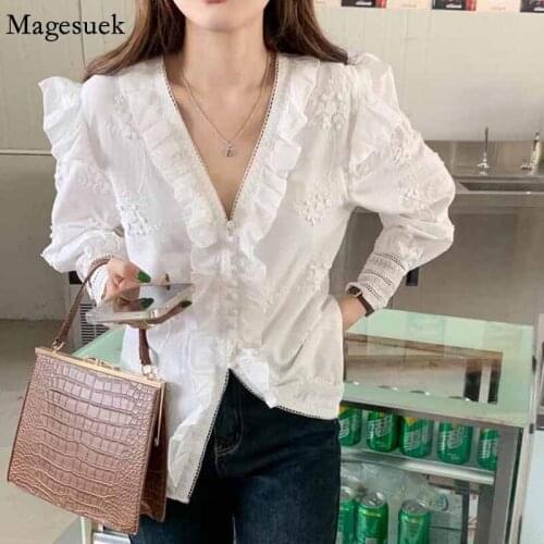 Elegant Flower Stitching Ruffle Blouse with Lace Autumn Long Sleeve Womens Shirts New V Neck Hollow Out Women Tops Blusas 16497