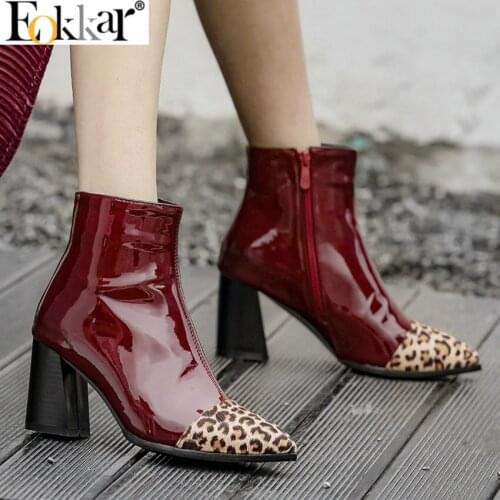 Eokkar 2020 Leopard Prints Ladies Party Wear Dress Ankle Boots Pointed Toe High Heel PU Leather Leisure Winter Shoes Size 34-45